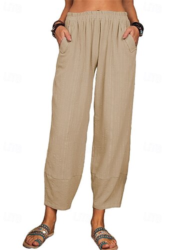  Damen Hose aus Baumwollleinen Hosen Hose Leicht Lässig Knöchellang Hoher Bund Einfach Tasche Atmungsaktivität Bequem Unelastisch Alltagstauglich Wochenende Wein Marinenblau Schwarz Weiß Sommer