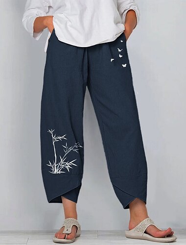  Damen Hose aus Baumwollleinen Hosen Hose Leicht Lässig Knöchellang Niedrige Leibhöhe Grafikdrucke Tasche Atmungsaktivität Bequem Unelastisch Alltagstauglich Wochenende Marinenblau Schwarz aschgrau