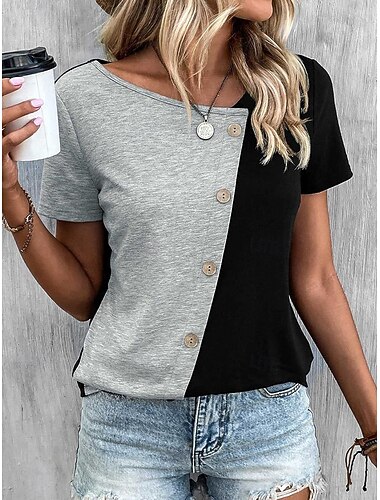  Dame T-shirt Afslappet Kortærmet Asymmetrisk hals Almindelige toppe Daglig Knapper Sort og Hvid Sort og grå Sommer