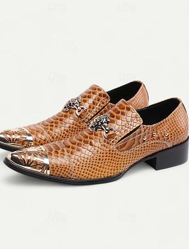  Braune Slipper aus Leder für Herren mit Schlangenmuster, Zehenkappe aus Metall und Löwenornament – hochwertiges Rindsleder im Westernstil für formelle Anlässe und Partys