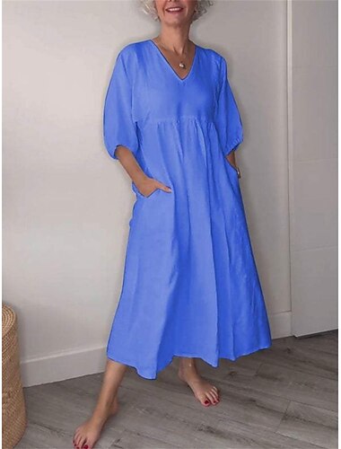  Pentru femei Rochii Midi Rochii inspirate din in Rochie casual Elegant Stilat Casual Vacanță Zilnic Fit regulat Simplu Lungime Manșon 3/4 În V Negru Alb Albastru piscină Gri Primăvară Toamnă