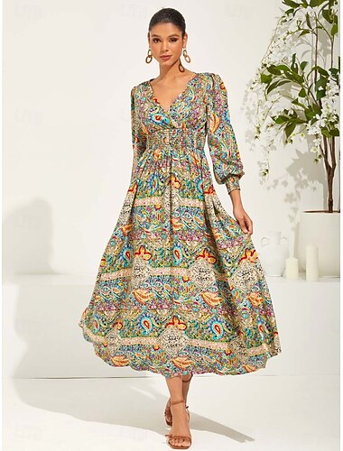  Damen Maxidress Ethnisches Kleid Schaukelkleid Elegant Stilvoll Urlaub Lockere Passform Graphic Paisley-Muster Langarm V Ausschnitt Grün Sommer Frühling