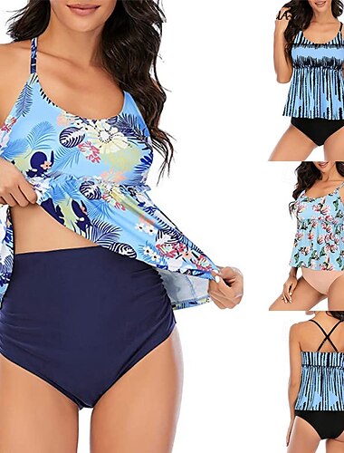  Damskie Tankini Dwuczęściowy strój kąpielowy Odkryte plecy Kąpielówki Kwiaty Stroje kąpielowe Jasnoniebieski Czarny Oddychający Szybkie wysychanie Lekki Bez rękawów - Pływacki Surfing Plaża Lato