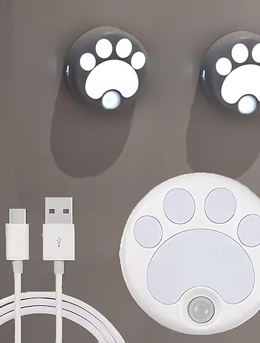  Luz de noche LED de gato recargable por USB con sensor de movimiento, lámpara de escritorio regulable para dormitorio, mesita de noche, cocina, armario y escaleras, 1 pieza