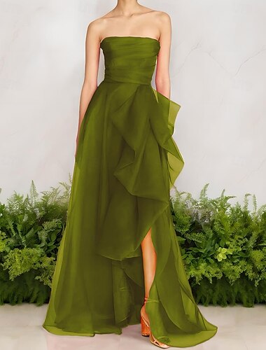  A-Linie Abendkleid Promi-Stil Kleid Formell Hochzeitsgast Bodenlang Ärmellos Ein-Schulter Organza mit Gerafft Rüschen Schlitz 2025