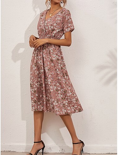  Mujer Vestido Midi Vestido informal Vestido de una línea Elegante Casual Vacaciones Diario Ajuste regular Floral Manga Corta Escote en Pico Blanco Rosa Verano