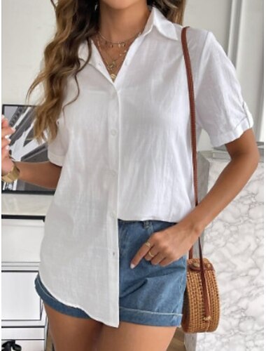  Per donna Camicia Camicie di cotone e lino Abbottonare Blusa Tinta unica Elegante Casual Manica Corta Colletto a Camicia Top Regolari Quotidiano Bottoni Bianco Blu Estate Primavera