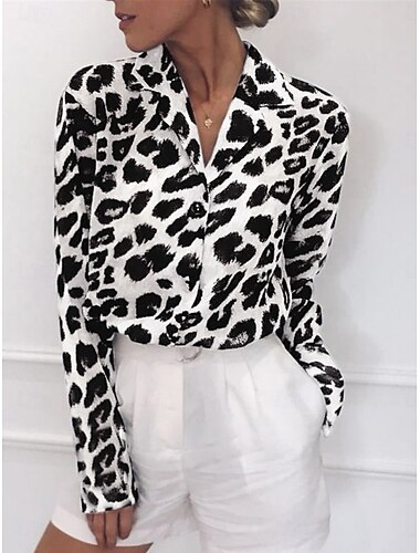  Dam Skjorta Blus Leopard Stylish Ledigt Långärmad Tröjkrage Vanliga toppar Dagligen Knappar Mönster Vit Rodnande Rosa Brun Grå Sommar Vår