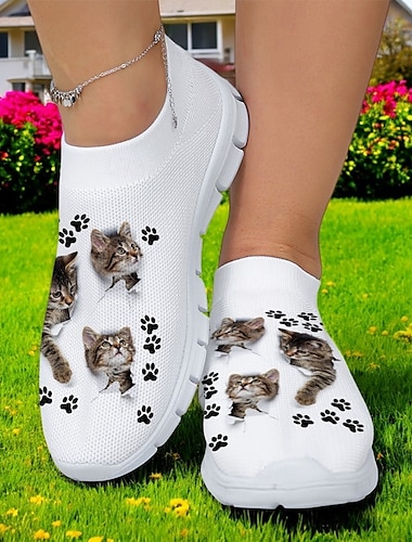  Zapatillas Flyknit con estampado de gato y huella de gato para mujer: zapatos casuales livianos y transpirables para fitness y uso diario