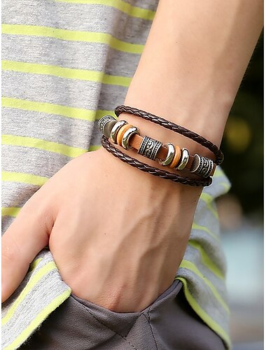  flätat läderarmband för män med vintage metallpärlor – bohemisk design i flera lager för vardagskläder, fester och presenter