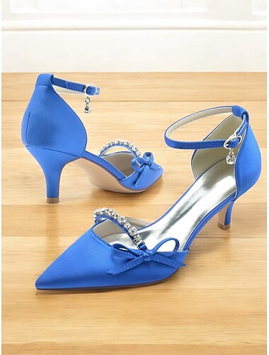  Zapatos de boda con tacón de aguja y punta puntiaguda para mujer: elegantes tacones de novia con tiras en el tobillo, detalle de lazo y diamantes de imitación