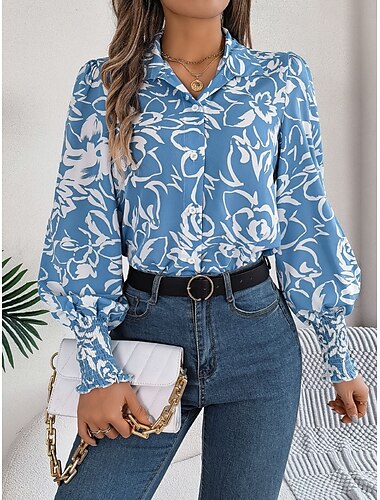  Mujer Camisa Blusa Floral Elegante Casual Manga Larga Cuello Camisero Tops regulares Diario Botones Estampado Blanco Azul Marino Azul claro Verano Primavera