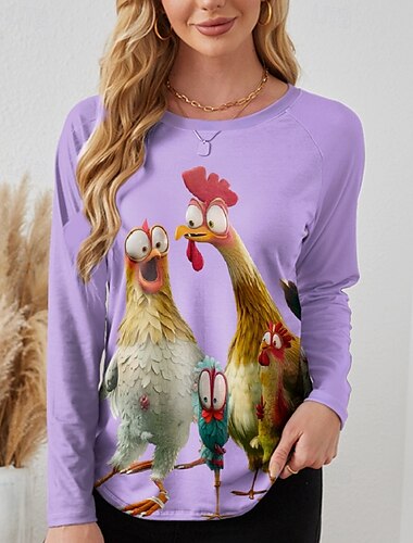  Mujer Camiseta Graphic Casual Manga Larga Cuello Barco Tops largos Diario Estampado Rosa Azul Piscina Morado Gris Primavera Otoño