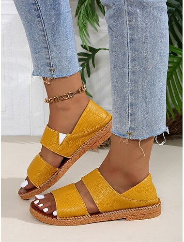  sandálias femininas amarelas abertas com tiras duplas e sola trançada – sapatos de verão elegantes e confortáveis para passeios casuais