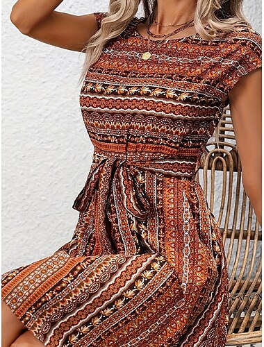  Mujer Mini vestido Vestido informal Vestido de una línea Vestido bohemio Elegante Casual Vacaciones Diario Playa Ajuste regular Floral Manga Corta Cuello Barco Marrón oscuro Verano Primavera