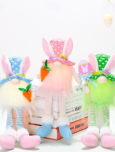  1 conejo de Pascua de patas largas con luz, niño sin rostro, muñeco enano, huevo de resurrección de zanahoria, fiesta de Pascua en interiores, decoración de ambiente de restaurante