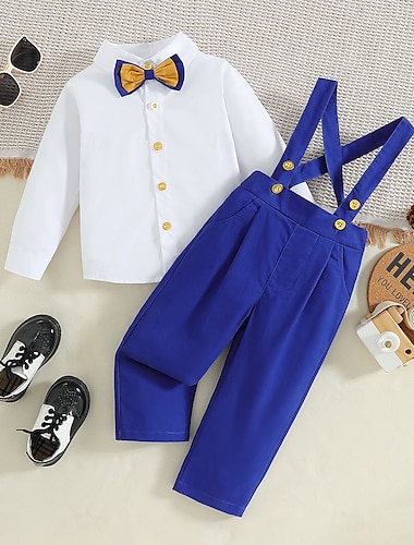  Para Meninos 3D Côr Sólida Laço Camisa & Calças Manga Longa Outono Casual Bébé 1-5 anos Decote V