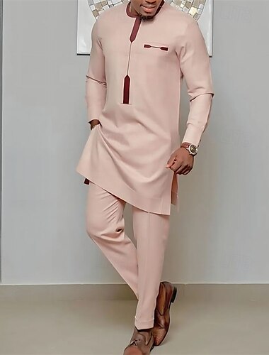  Hombre Ropa de salón Bata de noche Camisa de dormir Conjuntos 1 juego Plano Elegante Confort Hogar Diario Mezcla de Algodón Transpirable Cuello Barco Manga Larga Bolsillo Primavera Otoño Color Caquí
