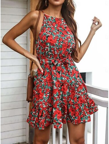 Damen Minikleid Casual kleid A Linie Kleid Stilvoll Brautkleider schlicht Urlaub Täglich Regular Fit Blumen Ärmellos Halfterhals Rote Purpur Sommer