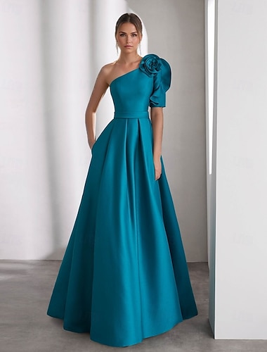  Robe de soirée trapèze élégante robe de mariée formelle longueur au sol manches courtes une épaule champagne robe mère de la mariée satin avec fleur d'épaule 2025
