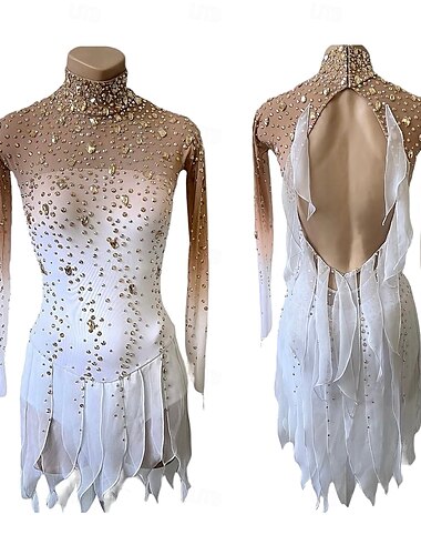  Kunstschaatsjurk Dames Voor meisjes Schaatsen Jurken Wit Duimopening halo-verf Hoge Elasticiteit Professioneel Wedstrijd Kunstschaatskleding Thermisch Warm Kristal / Bergkristal Lange mouw Schaatsen