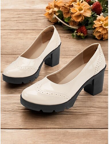  dames lakleren platform pumps met dikke hak en brogue-details, vintage-stijl nette schoenen voor op kantoor, feesten en formele evenementen