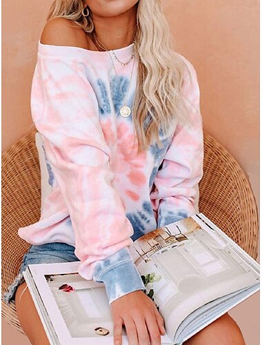  Damen T Shirt Batik Modisch Modern Brautkleider schlicht Langarm Rundhalsausschnitt Normale Oberteile Täglich Wochenende Rosa Blau Grün Herbst Winter