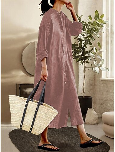  Dámské Midi šaty Mieszanka bawełny Košilové šaty Kaftanové šaty Volnočasové šaty Vinobraní stylové Základní Denní Práce Dovolená Volný Bez vzoru Dlouhý rukáv Stojáček Světlá růžová Fialová Armádn