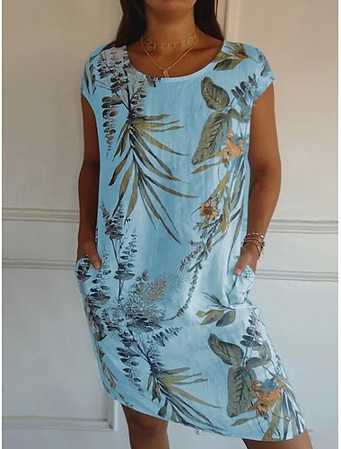  Damen Midikleid Leinen-inspirierte Kleider Freizeitkleid Baumwoll-Leinenkleid Baumwoll-Kleid Basic Lässig Urlaub Täglich Normale Passform Blumen Kurzarm Rundhalsausschnitt Weiß Blau Grün Grau Sommer