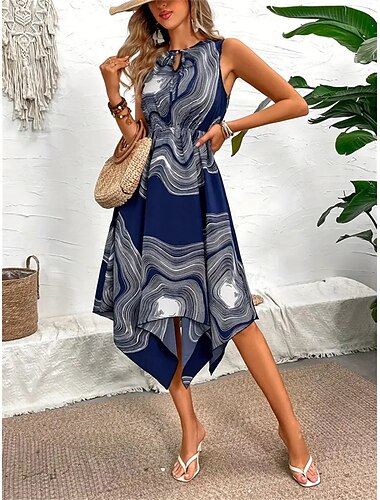  Damen Midikleid Casual kleid Elegant Brautkleider schlicht Urlaub Täglich Regular Fit Abstrakt Ärmellos Krawattenhals Marineblau Sommer