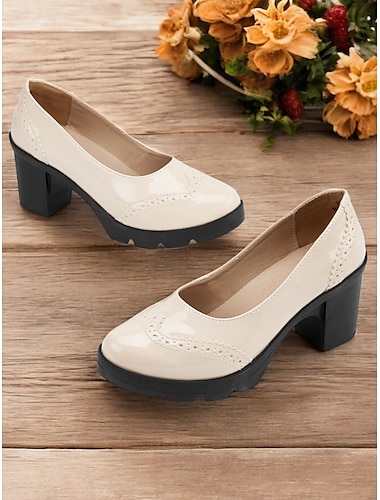 Damenpumps aus Lackleder mit Plateau und dickem Absatz und Brogue-Details, elegante Schuhe im Vintage-Stil fürs Büro, Partys und formelle Anlässe