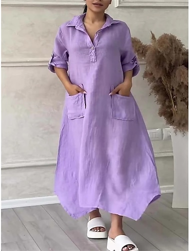  Dámské Maxi šaty Bavlněné lněné šaty Volnočasové šaty Elegantní stylové Základní Dovolená Denní Volný Bez vzoru Dlouhý rukáv Košilový límec Černá Bílá Žlutá Fialová Jaro Podzim