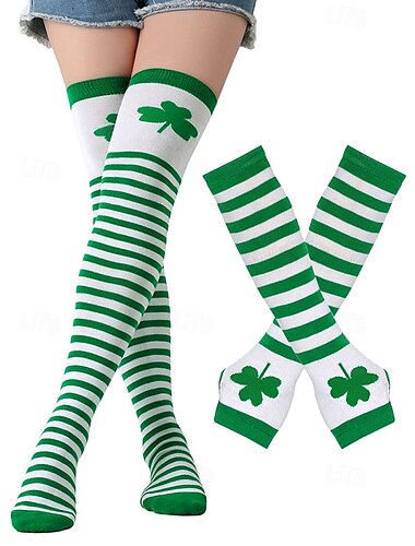  Conjunto de calcetines hasta la rodilla y guantes sin dedos con rayas verdes y blancas para el día de San Patricio con diseño de trébol, accesorios festivos para mujeres, perfectos para celebraciones navideñas y fiestas de disfraces