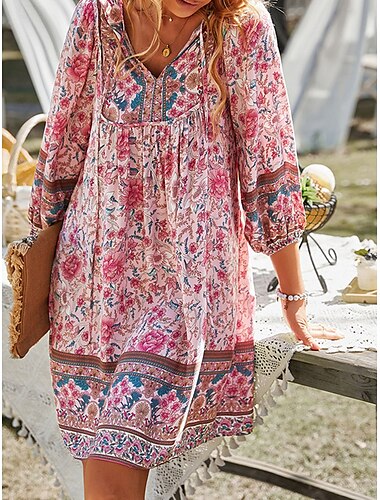 Dámské Mini šaty Volnočasové šaty Boho Chic šaty Áčkové šaty Boho šaty Čechy Roztomilý stylové Dovolená Denní Plážové Volný Grafika Poloviční rukáv Do V Světlá růžová Trávová zelená Léto Jaro Podzim
