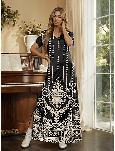  Damen Maxikleid Vintage Kleid Freizeitkleid Sommerkleid Vintage Ethnisch Ausgestellt Drop Shoulder Urlaub Street Feiertag Reguläre Passform Blumig Tribal Kurzarm V-Ausschnitt Gelb Sommer