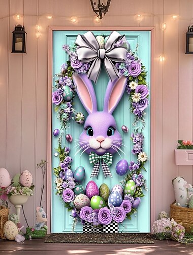  زينة أبواب عيد الفصح أغطية أبواب أرانب وبيض سجادة باب ستارة زينة خلفية للأبواب الداخلية/الخارجية لواجهة المنزل