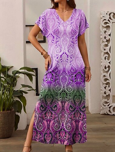  Damen Maxi Kleid Freizeitkleid Strandkleid Shift Kleid Stilvoll Freizeit Drop Schulter Urlaub Alltag Reguläre Passform Farbverlauf Kurzarm V-Ausschnitt Pink Blau Lila Grün Frühling Herbst