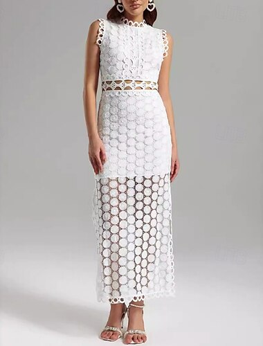  Damen Maxidress Spitzenkleid Casual kleid Sommerkleid Stilvoll Brautkleider schlicht Urlaub Täglich Verabredung Regular Fit Glatt Ärmellos Rundhalsausschnitt Weiß Sommer