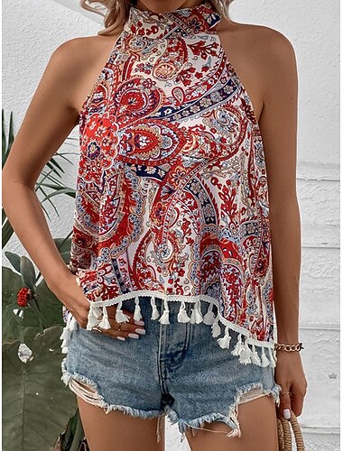  Γυναικείο Κάμεσο Top Συνοχής Paisley Μποέμικο Καθημερινό Retro Vintage Αμάνικο Ολική Υψηλή Κανονικό Τοπ Η καθημερινή Εκτύπωση Fringe Κόκκινο Καλοκαίρι