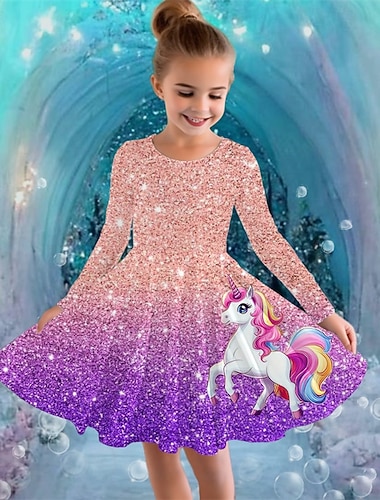 Tyttöjen 3D Kuvitettu Yksisarvinen Mekko Pitkähihainen Kesä Kevät Loma Päivittäin Pyhäpäivä Prinsessa Kaunis Makea Lapset 4-12 vuotta Rento mekko A linjainen mekko Polvipituinen Normaali