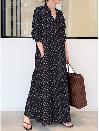  Pentru femei Rochie Maxi Rochii de in bumbac Rochii Tip Cămașă Elegant Epocă Stilat Vacanță Petrecere Zilnic Potrivire Largă Grafic Manșon Lung Guler Cămașă Roșu Vin Albastru regal Trifoi Primăvar