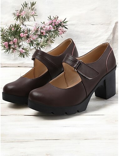  braune Mary-Jane-Pumps mit Klettverschluss für Damen – bequeme Schuhe mit klobigem Absatz für die Freizeit und den Alltag