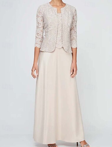  Vestido Mãe da Noiva Sheath  Coluna 3 Peças Formal Convidada Casamento Elegante Vintage Simples Decote Quadrado Decote Redondo Comprimento do Chão Cetim Renda Sem Mangas Jaqueta com Renda