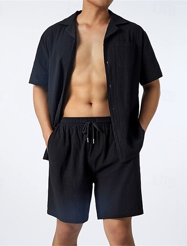  Herren 2 Stück Hemden-Set Sommer-Set Passende Sets Lässiges Hemd Glatt Urlaub Täglich Schwarz Rosa Marineblau Grün Kurzarm Kragen Sommer Bekleidung