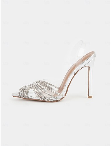  sandales à talons aiguilles en strass argentés avec brides transparentes – talons hauts élégants pour femmes pour les mariages et les soirées