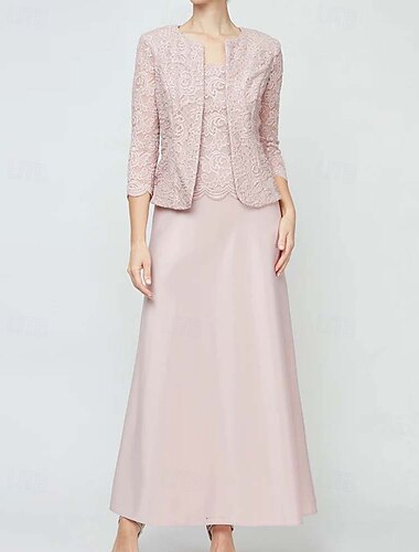  Mantel  Säule 3-teiliges Kleid Mutter der Braut Formal Hochzeitsgast Elegant Vintage Einfach Quadratischer Ausschnitt Rundhals Bodenlänge Satin Spitze Ärmellos Langarmjacke Kleider mit Spitze 2025