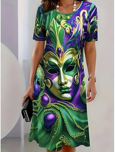 Robe Mini pour Femme Mardi Gras Robe Décontractée Robe T-shirt Robe Tee Robe Tunique Robe d'Été Stylée Décontractée Vacances Quotidienne Ajustement Normal Graphique À Manches Courtes Col Ras du Cou