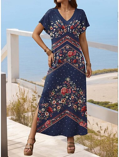  Damen Maxikleid Lässiges Kleid Strandkleid Shift Kleid Stilvoll Legere Drop Shoulder Urlaub Alltag Reguläre Passform Floral Kurzarm V-Ausschnitt Schwarz Rot Marineblau Grün Frühling Herbst