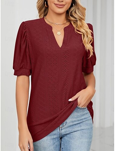  Dames T-shirt Effen Modieus Modern Casual Korte mouw Gekerfde nek Normale tops Dagelijks Weekend Geel Wijn Rood Donkergroen Zomer