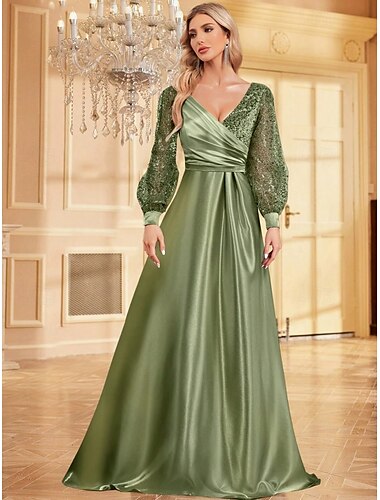  robe de soirée trapèze élégante robe de soirée invité de mariage longueur au sol manches longues à bulles col en V satin avec paillettes 2025